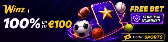 Winz 100% up to €100 free bet with no wagering requirements